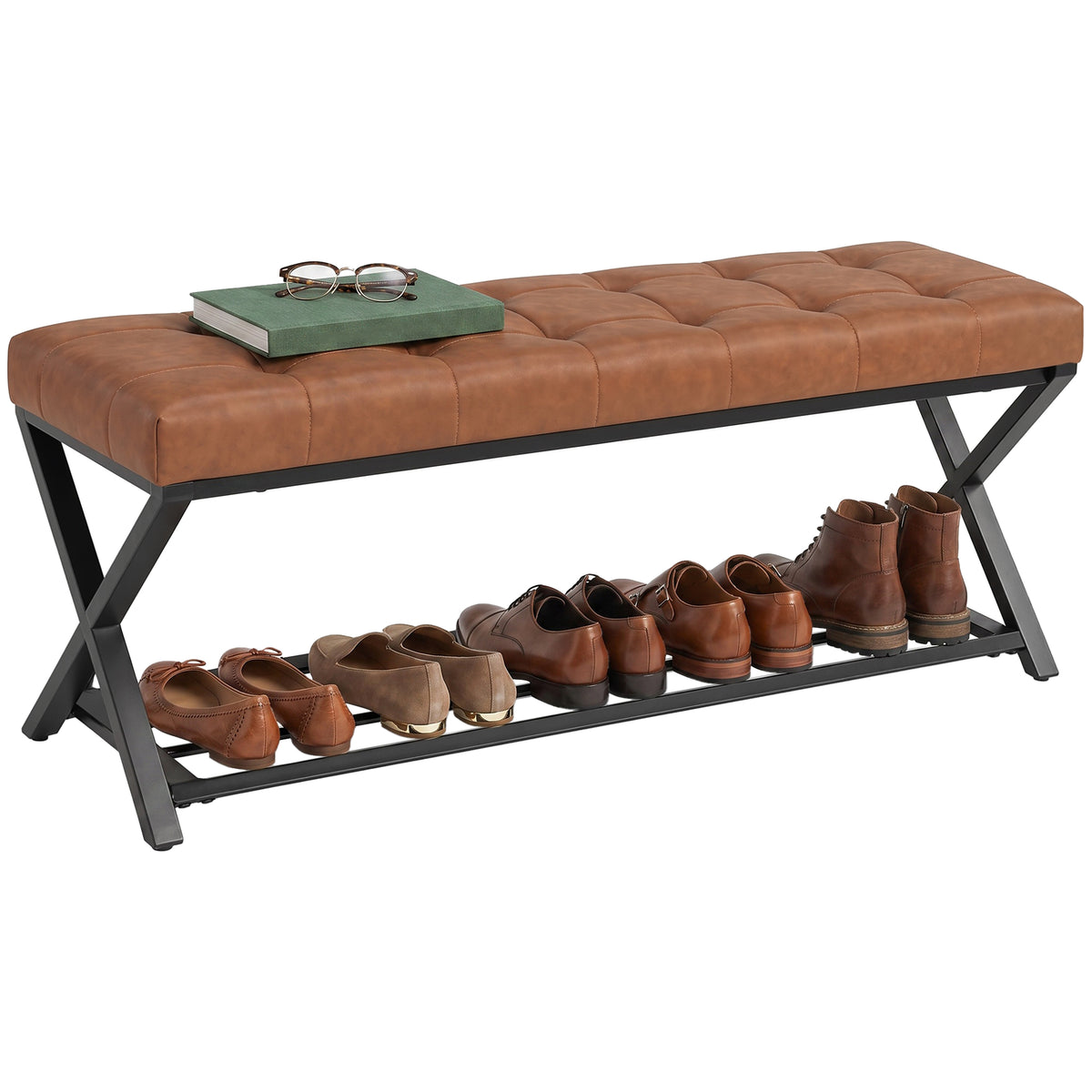 Schuhbank, Eingangsbank mit Kunstlederpolster, Ablage bis 220 kg für Flur, Eingangsbereich, 112 x 37 x 47 cm, Braun