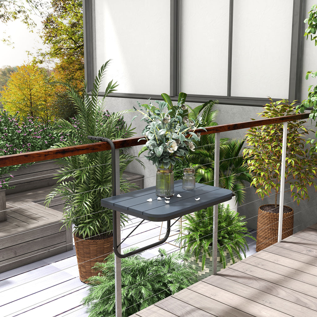 Balkon-H?ngetisch, klappbar, h?henverstellbar, Alumiumrahmen, Kunststoff-Tischplatte, Holzoptik, Schwarz