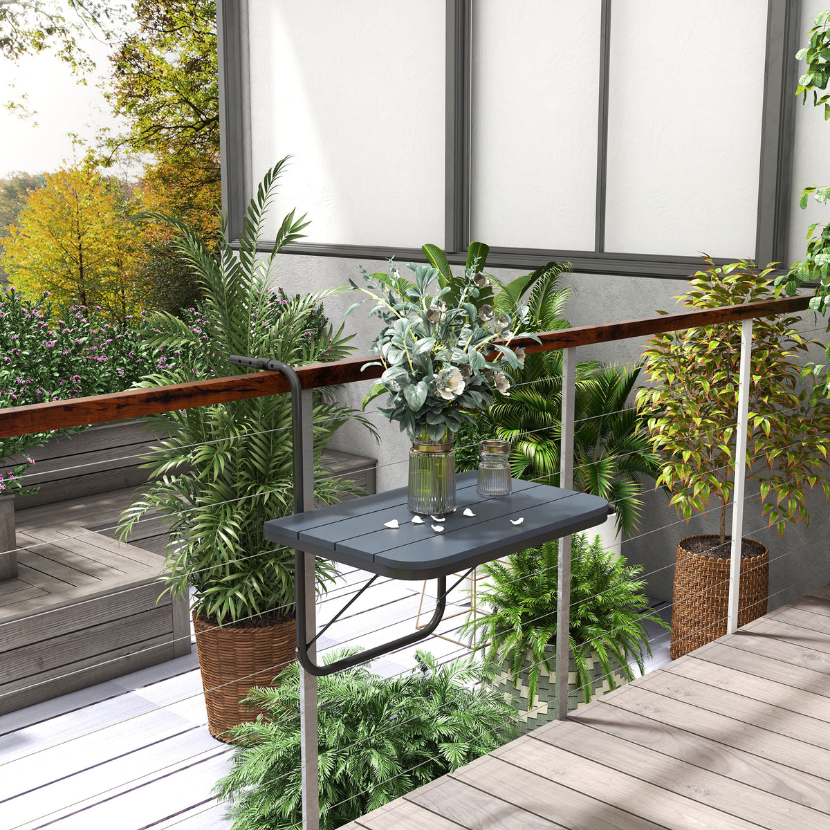 Balkon-H?ngetisch, klappbar, h?henverstellbar, Alumiumrahmen, Kunststoff-Tischplatte, Holzoptik, Schwarz