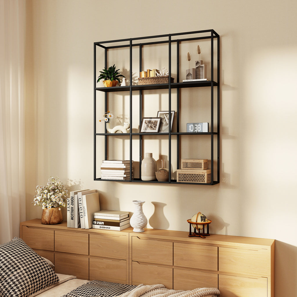 Industrielles Wandregal mit 9 Fächern, Metallregal für Sammlerstücke, Ideal für Wohnkultur, Schwarz