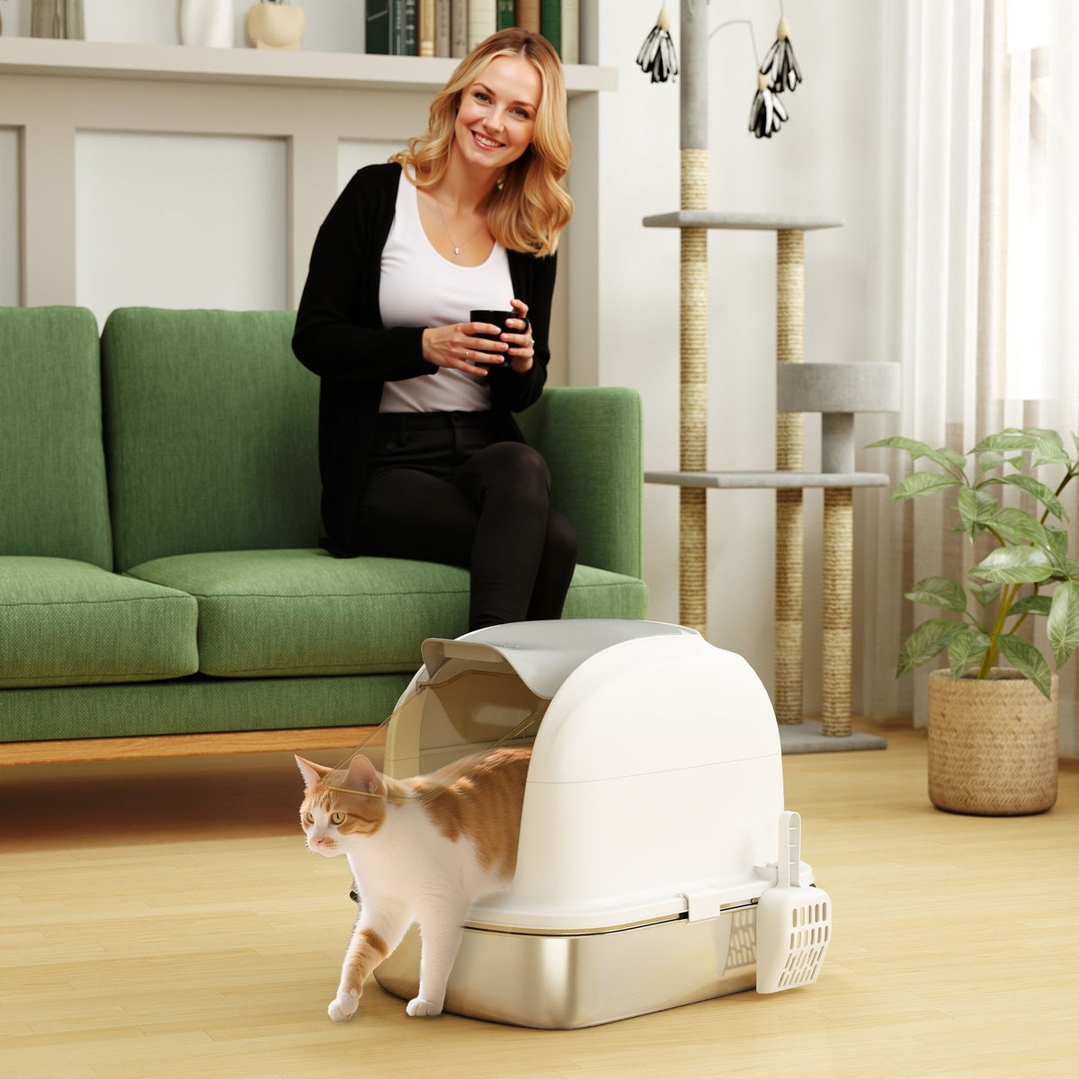 Stainless Steel Cat Litter Box with Lid, for Cats, Enclosed Cat Litter Box with Flip Cover, Scoop
