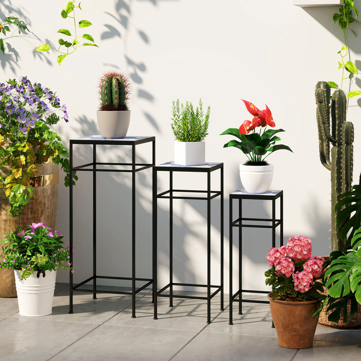 3er-Set Pflanzenst?nder, 3 verschieden gro?e Gestelle zum Pr?sentieren von Blumen und anderen Gegenst?nden, Blau+Wei?