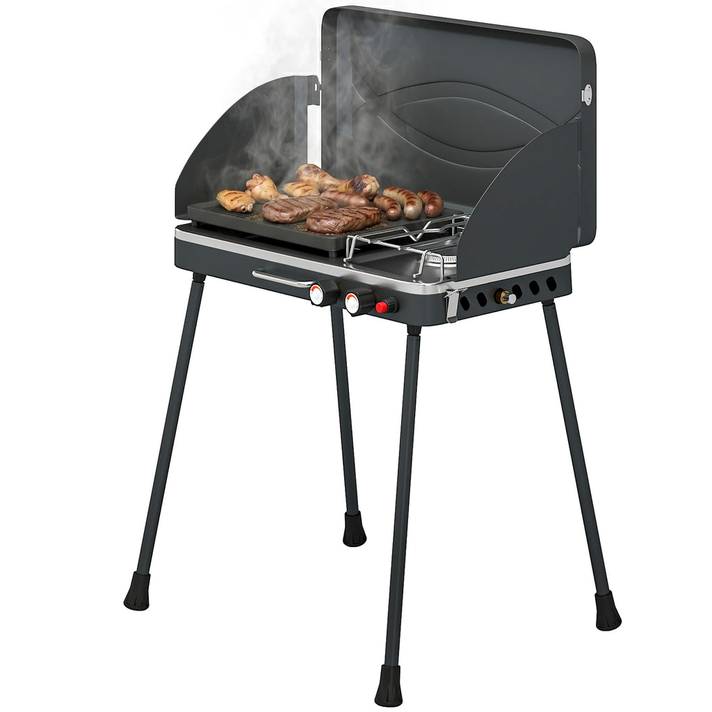 Tragbarer Gasgrill 2 Brenner 7 kW 2-in-1 Tischgrill mit Braten klappbar Beinen Grillrost Windschutz Deckel Verschluss