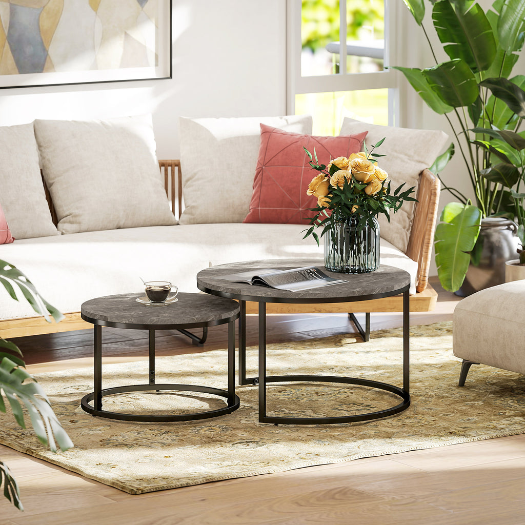 Industrial Nesting Coffee Table Set of 2, Round Coffee Tables, Living Room Table with Faux Marbled Top and Steel Frame