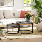 Industrial Nesting Coffee Table Set of 2, Round Coffee Tables, Living Room Table with Faux Marbled Top and Steel Frame