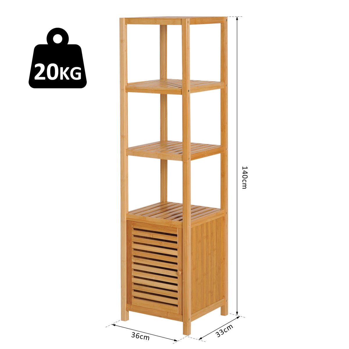 Badezimmerschrank, freistehend, 3 Regalböden, schmal & hoch, Lamellentür, 36 x 33 x 140cm