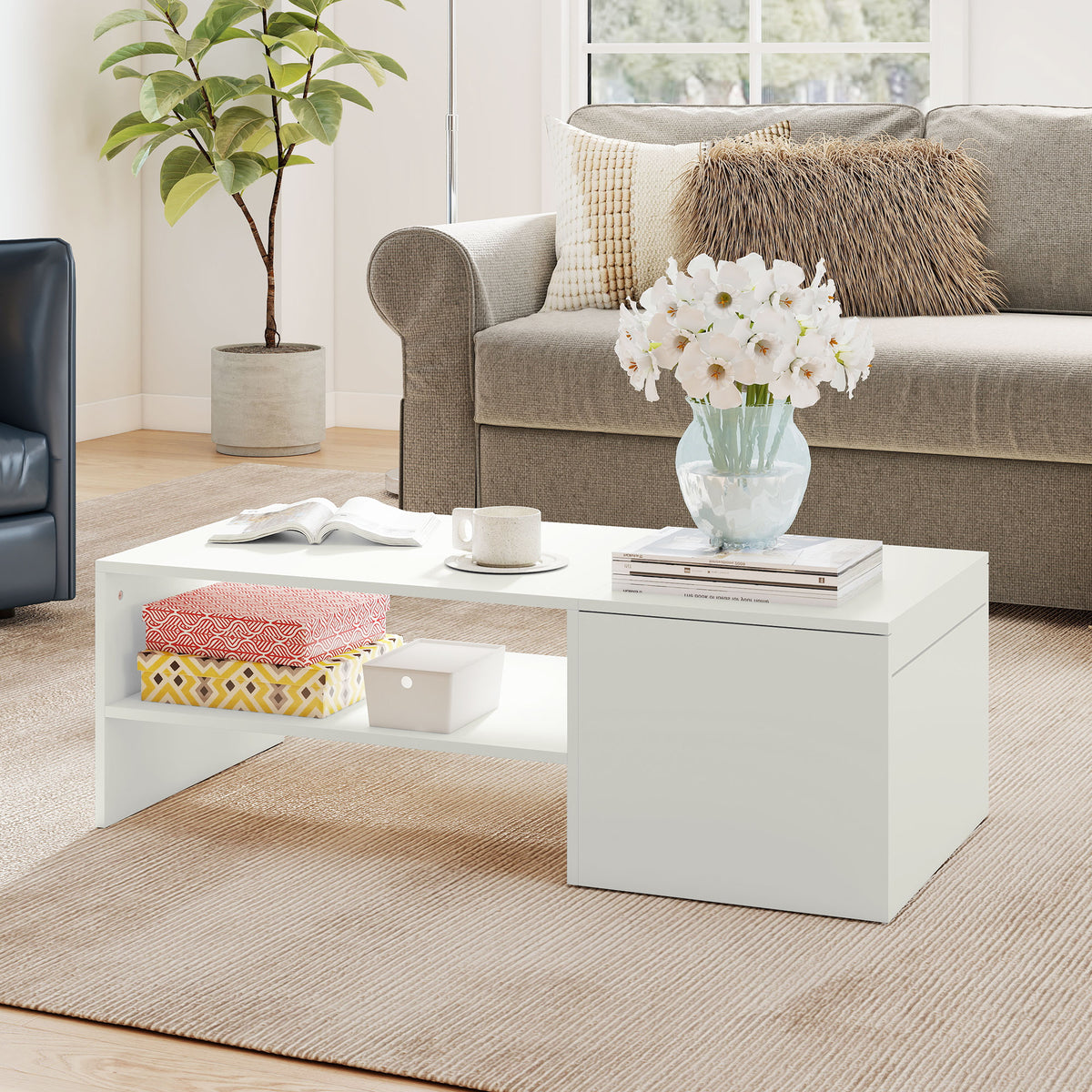 Verstellbarer Couchtisch, Metallschienen, Spanplatte, Fußpads, Weiß