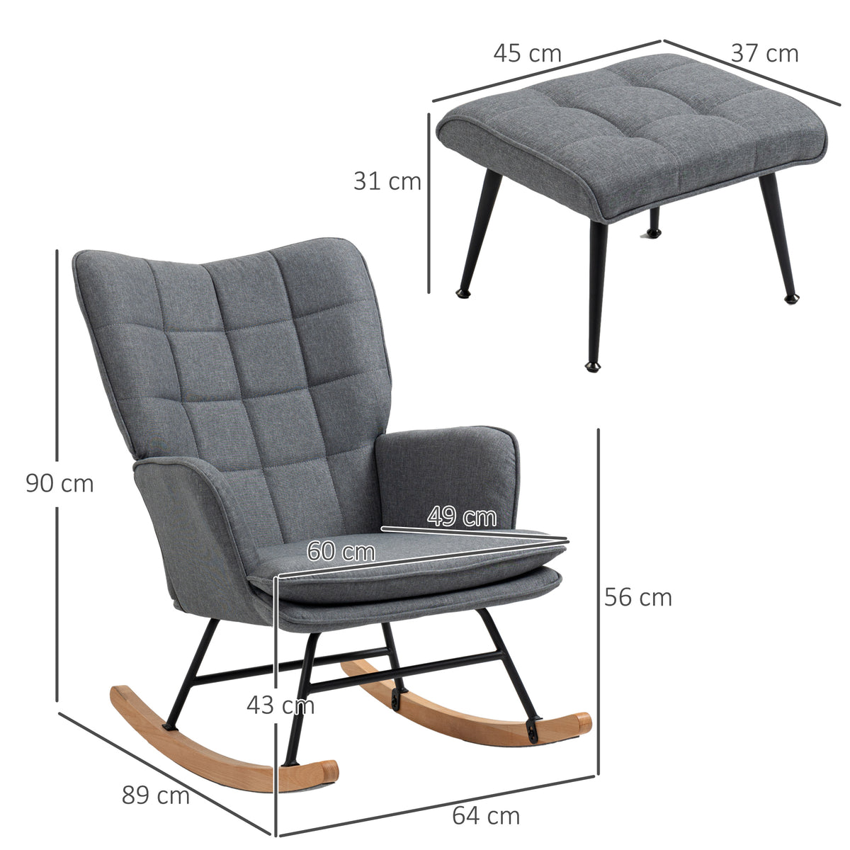 Schaukelstuhl mit Hocker, komfortabel, bis 130 kg, Leinenoptik, 64x89x90cm, Grau