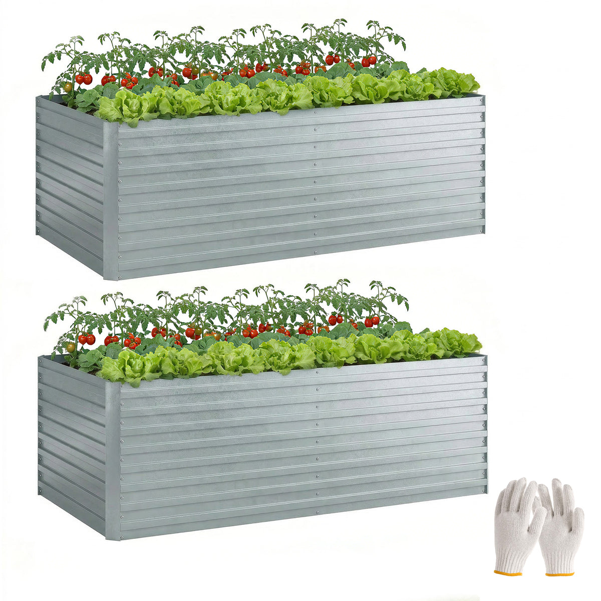 Set aus 2 verzinkten Hochbeeten, 180 x 90 x 60 cm Metall-Hochbeete mit sicherer Kante, Silber