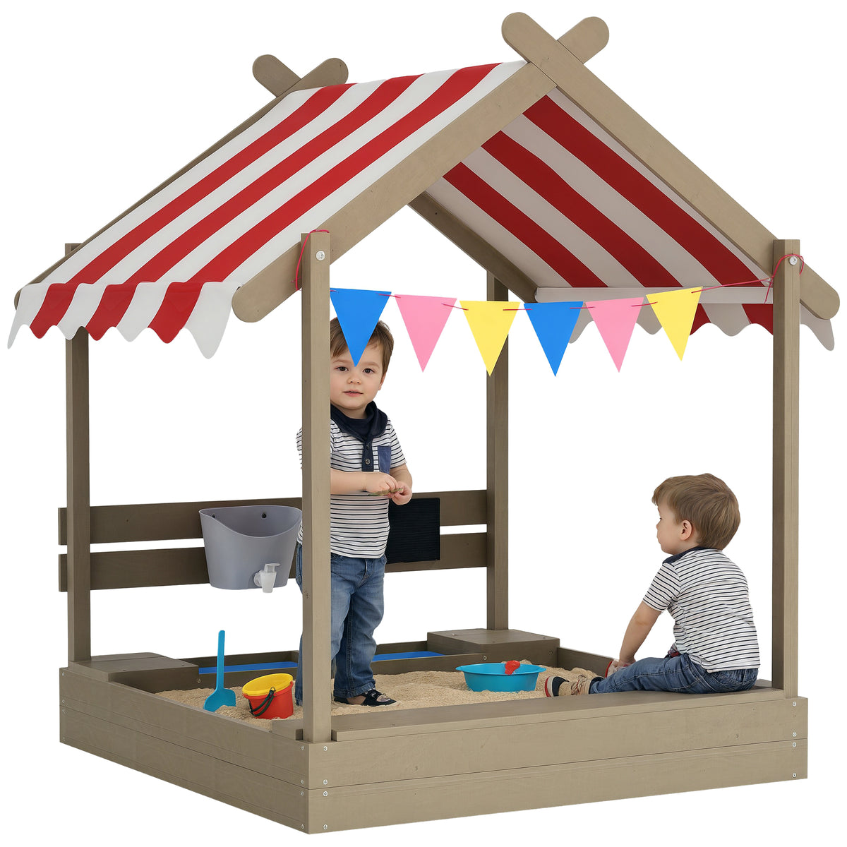 House-Designed Wooden Sandbox, Outdoor Sandpit, with Blackboard, Toys, Sink, Seats, Flags, for Ages 3-7 Years - Grey