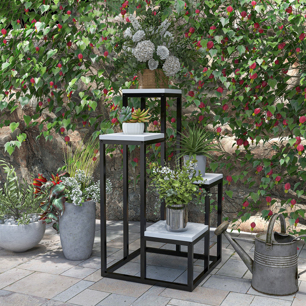 Blumenregal, 4 Etagen, Indoor & Outdoor, Metallrahmen, 34L x 34B x 70H cm, Schwarz+Wei?
