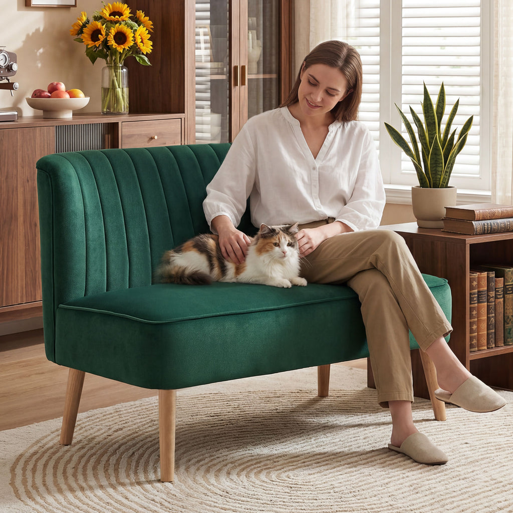 Sofa Retrodesign 2-Sitzer-Sofa, Holzbeine, 117 cm x 56,5 cm x 77 cm, Dunkelgr¨¹n