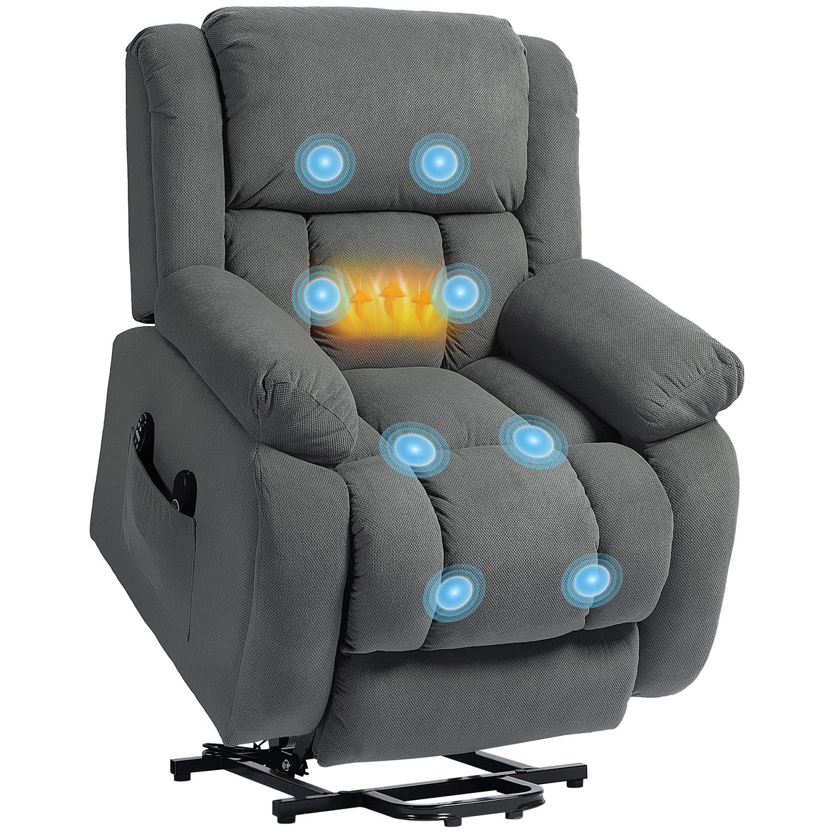 Fernsehsessel mit Massage- und W?rmefunktion, Elektrischer Aufsteh-Sessel, Fernbedienung, Seitentaschen, Grau