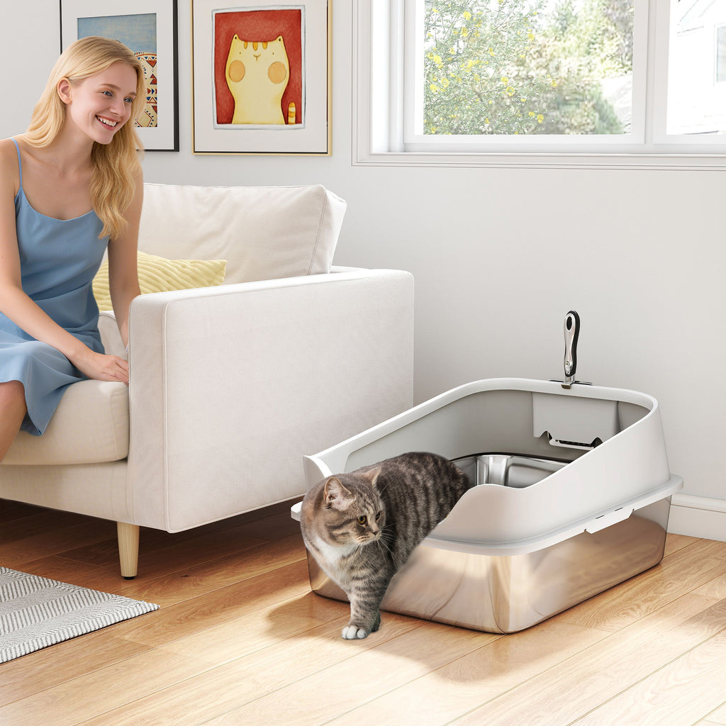 XL Stainless Steel Cat Litter Box with High Sides, Metal Scoop, 60 x 40 x 30 cm