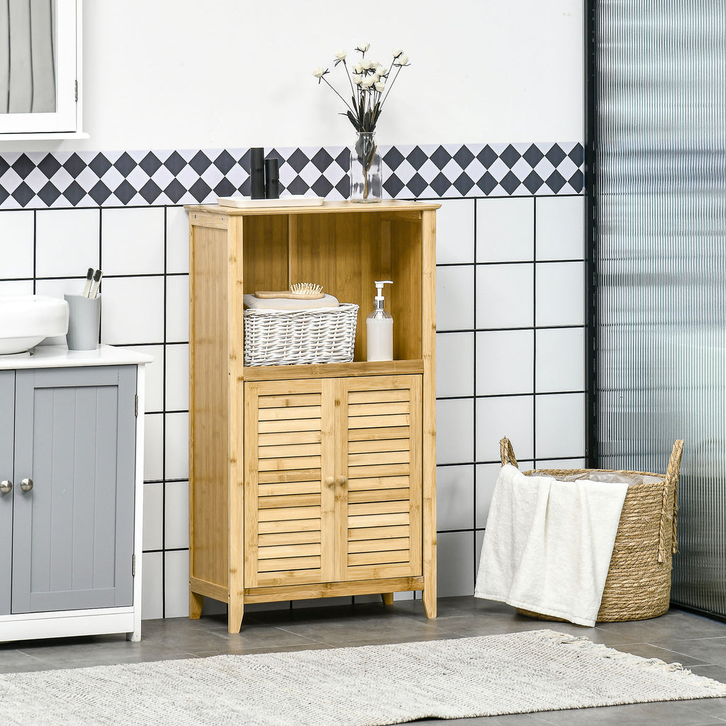 Badezimmerschrank Badschrank Standregal mit 2 Lamellentüren, offenem Regal, Bambus, Aufbewahrungsschrank Schrank für Badezimmer, Wohnzimmer 50 x 25,5 x 92cm Natur