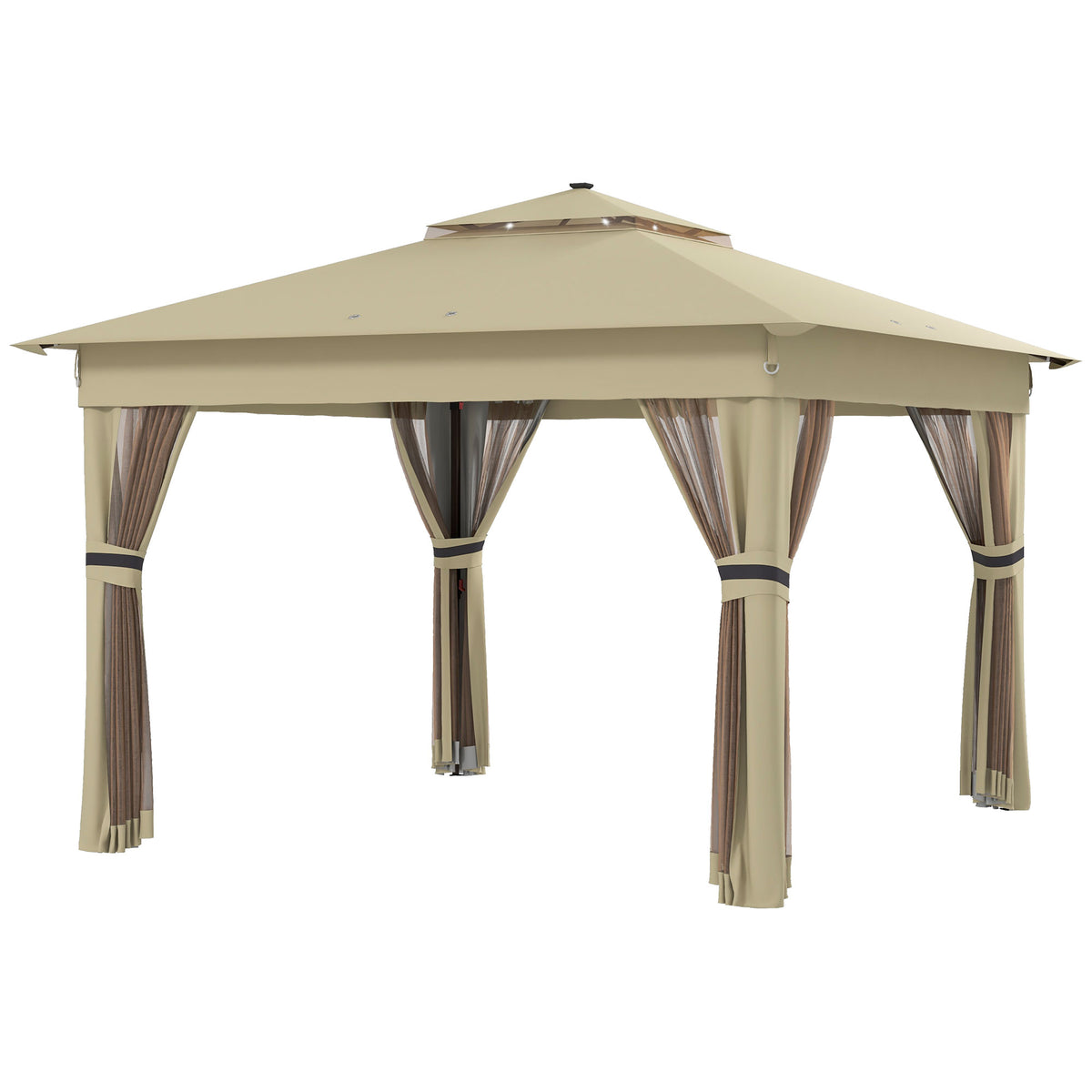 3.36 x 3.36m Pop Up Gazebo Party Tent with Solar-Powered LED Lights, Adjustable Event Shelter with Netting, Khaki