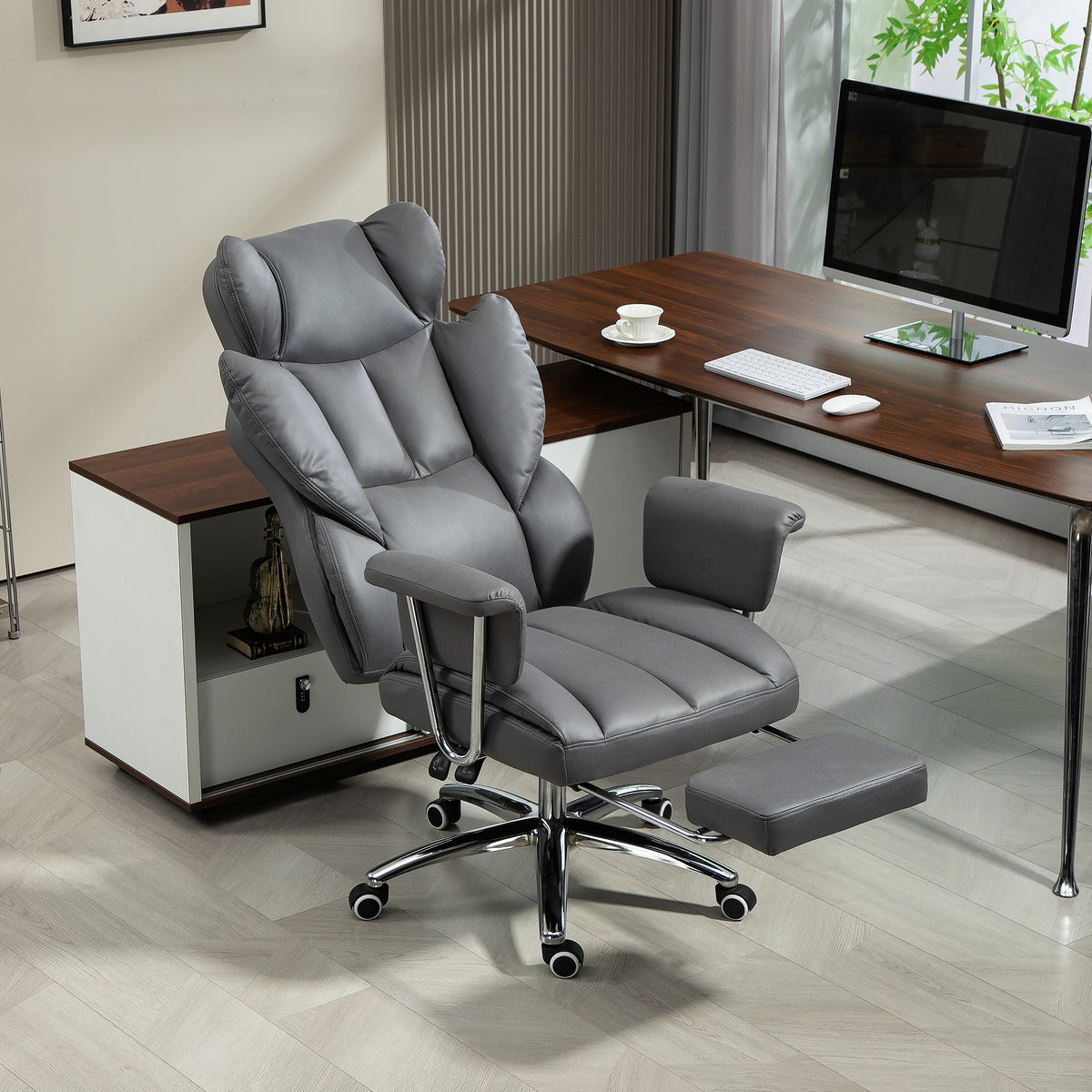 Ergonomischer B¨¹rostuhl, gepolstert, mit Fu?st¨¹tze, verstellbarer Lehne, 360¡ã drehbar, Dunkelgrau