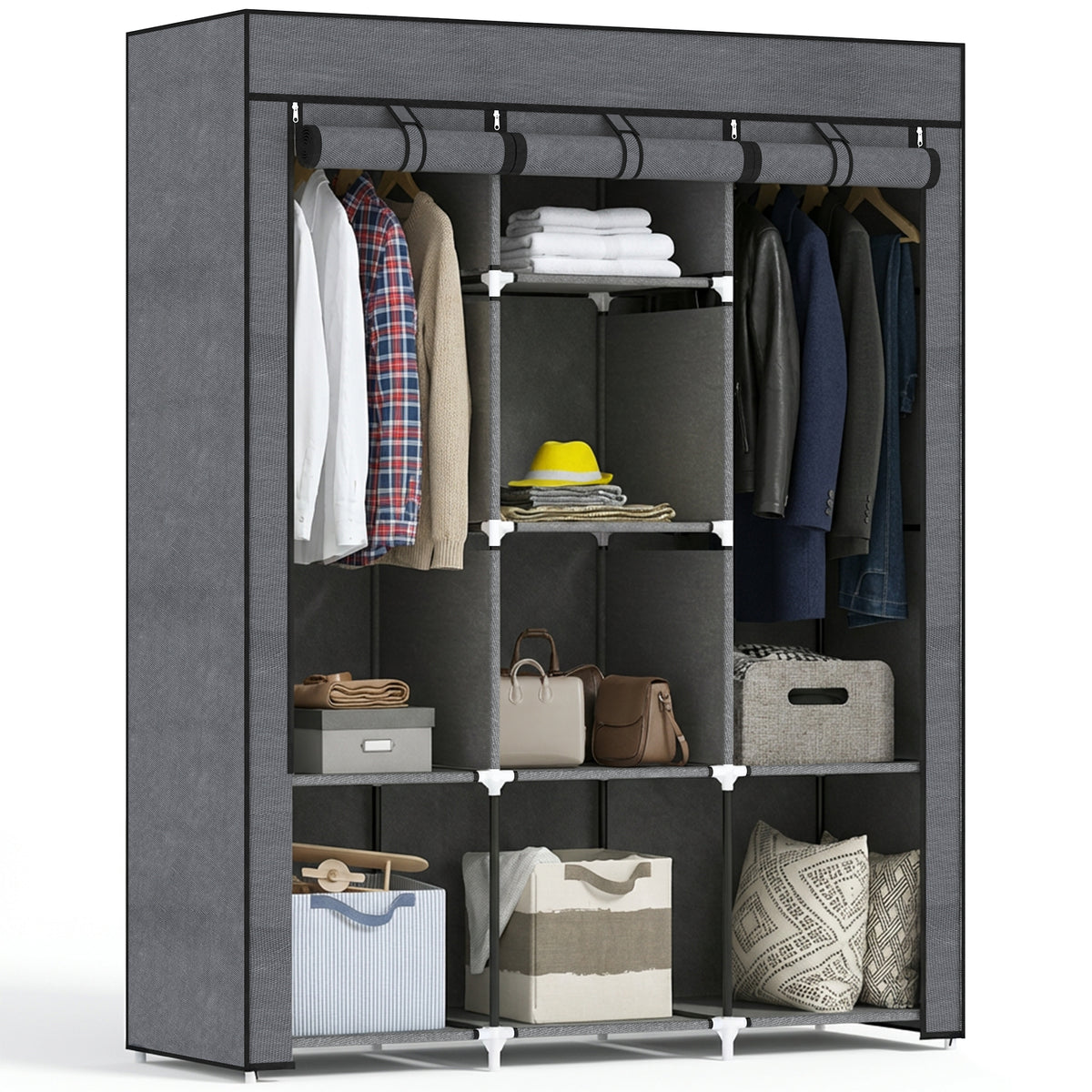 Fabric Wardrobe, with Rails and Shelves - Dark Grey