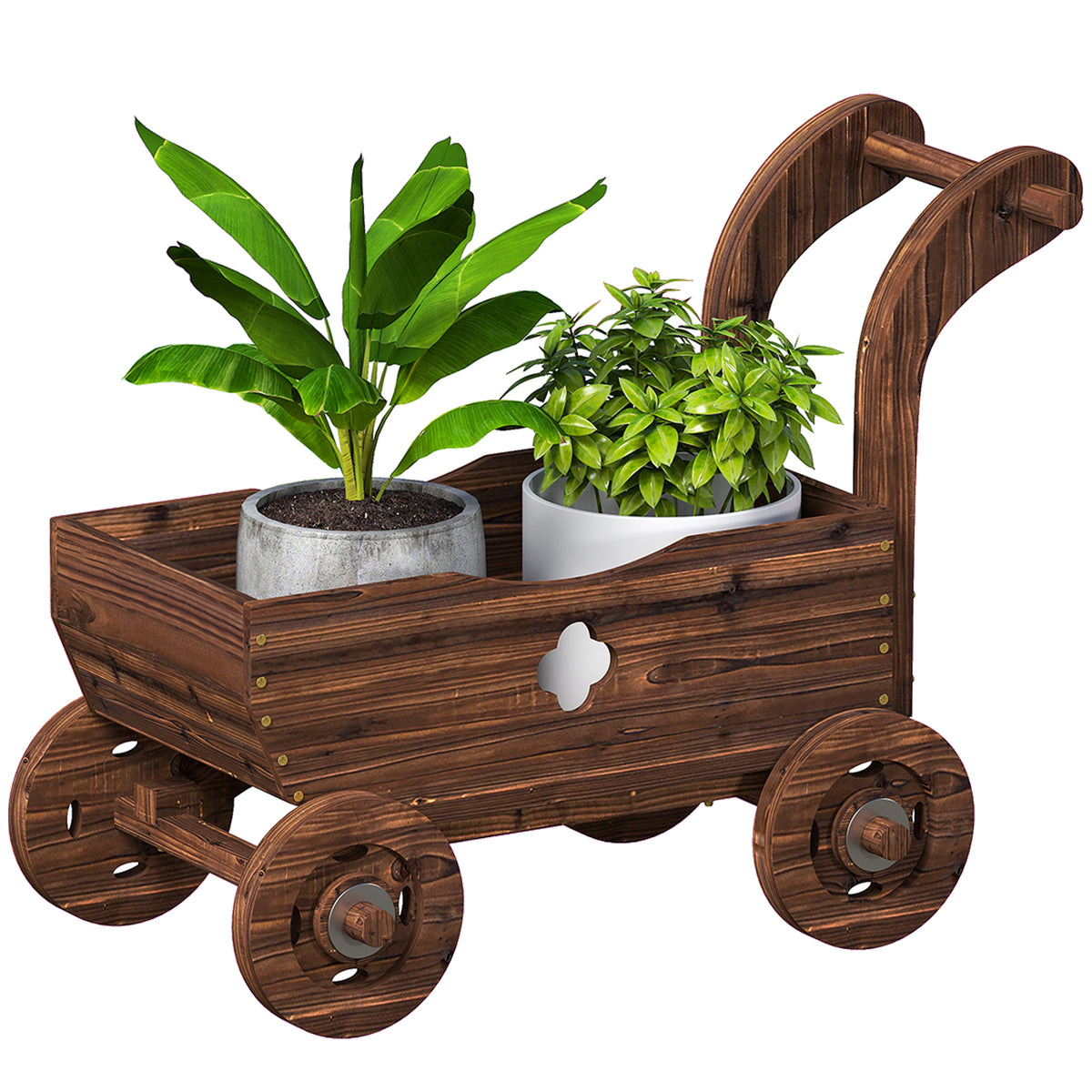 Hochbeet Holz, Pflanzbeet in Wagenform Fr¨¹hbeet mit 4 R?dern Griff Gartenbeet 68 x 38 x 52cm