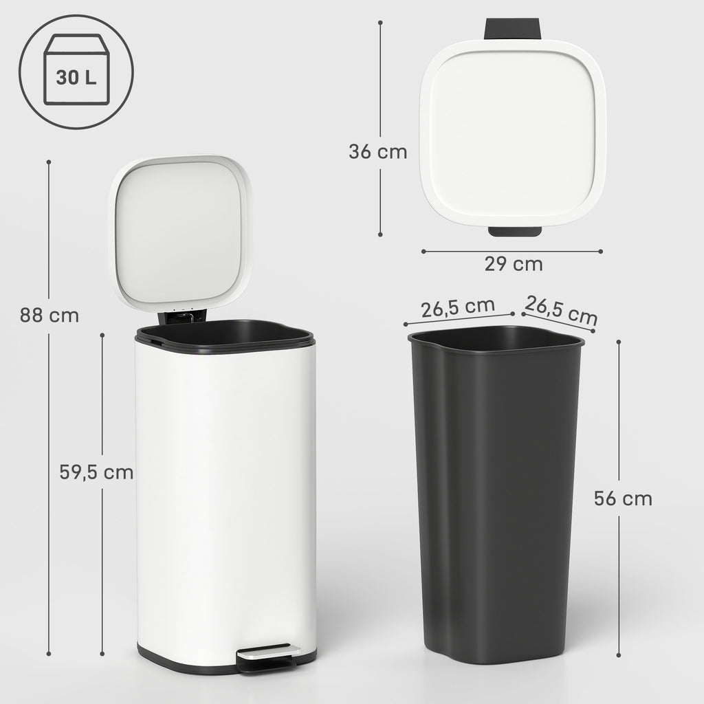 30L Kitchen Bin, Compact Pedal Bin with Soft-Close and Stay-Open Lid, Removable Bucket for Kitchen, Home, Office, Cream