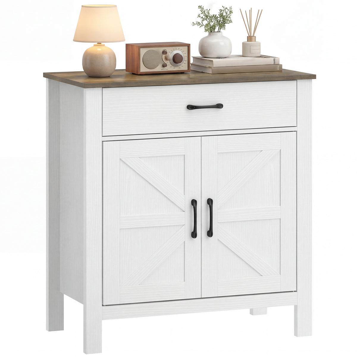 Sideboard Buffet-Schrank, Bauernhaus-Küchenschrank mit Schiebetüren und verstellbarem Regal, Weiß