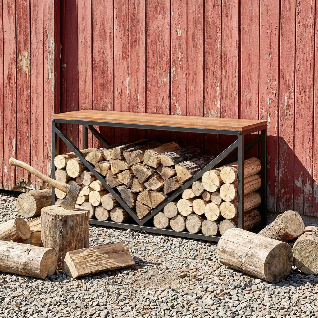 2-in-1 Kaminholzregal für innen 98 x 28 x 50 cm erhöhtes Brennholzregal mit Ablage Trennwand Beistelltisch