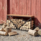 2-in-1 Kaminholzregal für innen 98 x 28 x 50 cm erhöhtes Brennholzregal mit Ablage Trennwand Beistelltisch