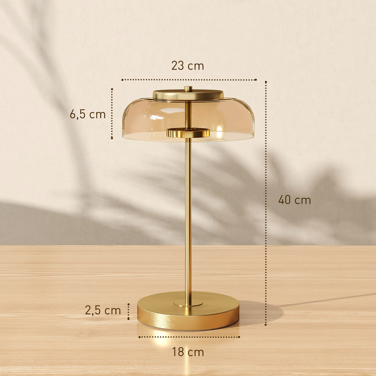 Tischlampe Tischleuchte mit warmem LED-Licht, Metallsockel, bernsteinfarbenem Glasschirm, Ø23 x 40H cm, Gold