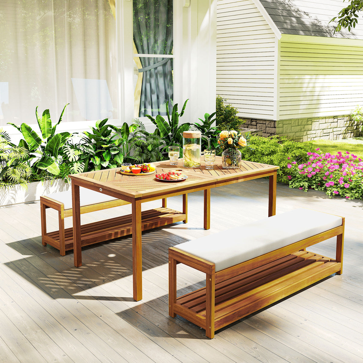 3 tlg. Gartenmöbel-Set, Sitzgarnitur inkl. 1 Esstisch mit Schirmloch, 2 Bänke 150 x 85 x 75 cm Teak