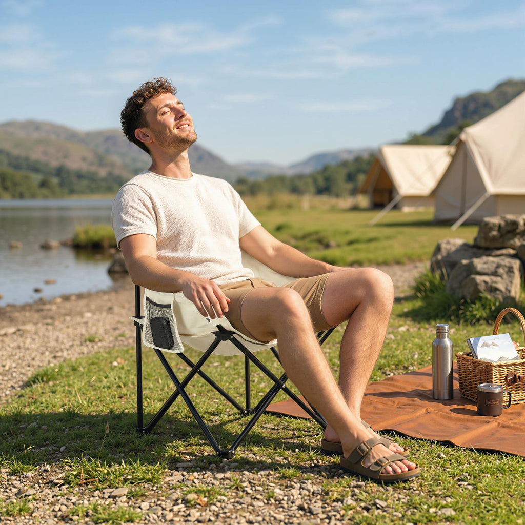 Campingstuhl, faltbar, Stahlrahmen, Stoffsitz, Tragetasche, Weiß