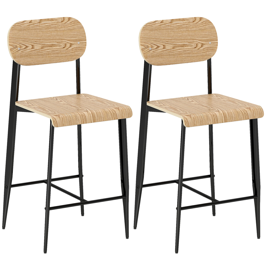 2er-Set Barhocker, Barstühle mit Rückenlehne und Metallgestell, Holz, Hellbraun