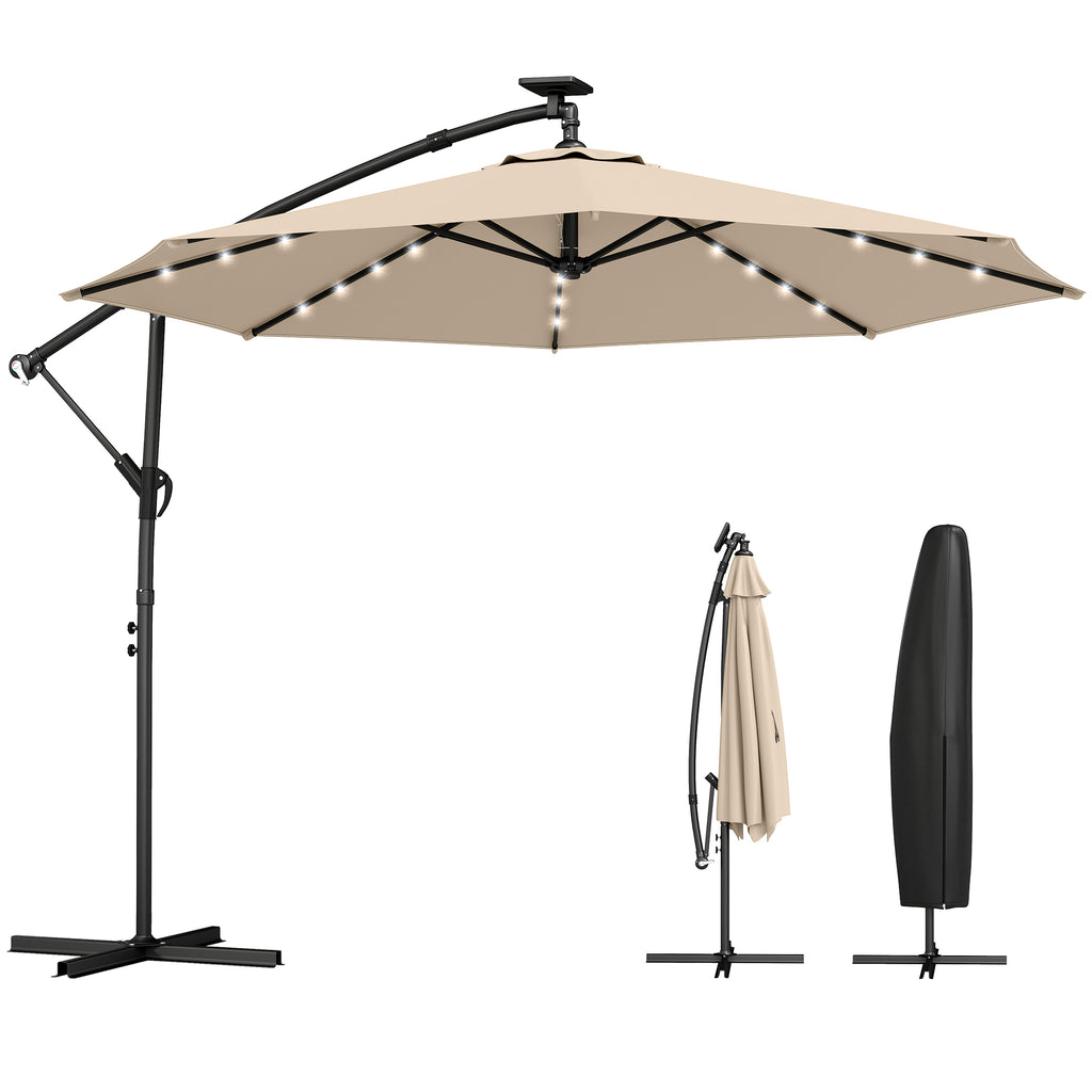 Ampelschirm LED Solar ca. Ø300 cm Drehbar Sonnenschirm mit Kurbel Ständer Schutzhülle Beige
