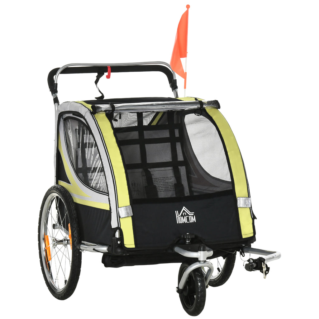 2-in-1 Fahrradanhänger für 2 Kinder, Schiebefunktion, Regenschutz, Bremse, Gelb