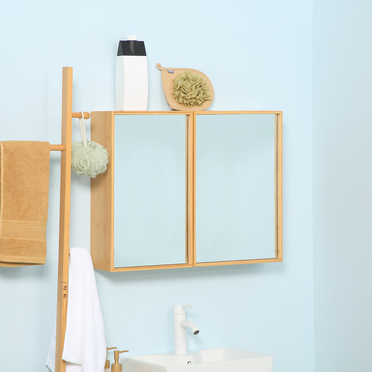 Badschrank mit Spiegelt¨¹ren, mehrere Innenf?cher, robustes Geh?use aus Bambusholz, 65,2 x 14 x 50 cm