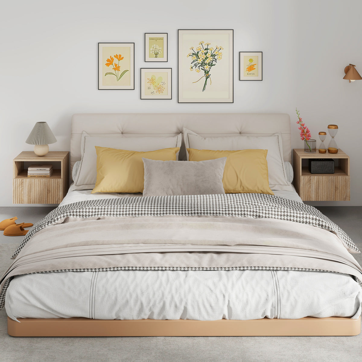 Nachttisch, griffloses Design, offenes Fach, Schublade, Wandmontage, Hellbraun