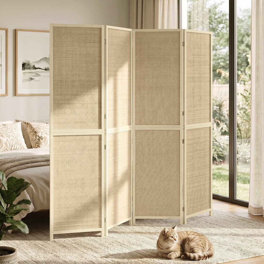 Paravent mit 4 Paneelen, faltbare Trennwand aus handgeflochtenem Bambus, 180 x 180 cm, Natur