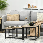 Satztisch-Set aus 3 Beistelltischen, Industrial Design, schwarzer Stahlrahmen, Tischplatte in Holzoptik