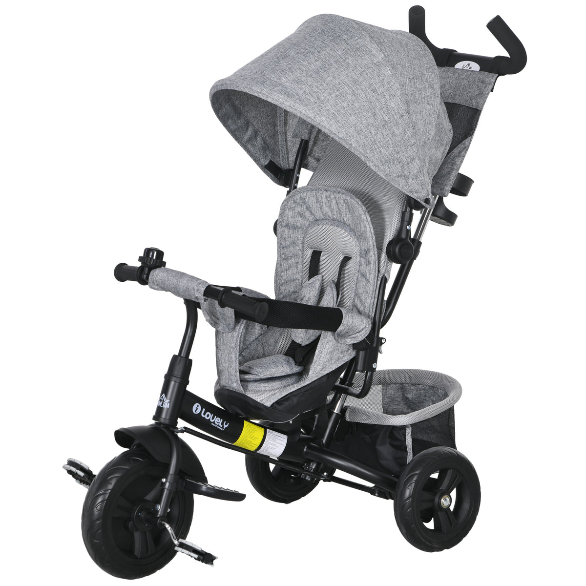 6 in 1 Kids Trike with Parent Handle, Canopy, 5-point Seat Belt, Storage, Footrest, Brake, for 1-5 Years, Grey