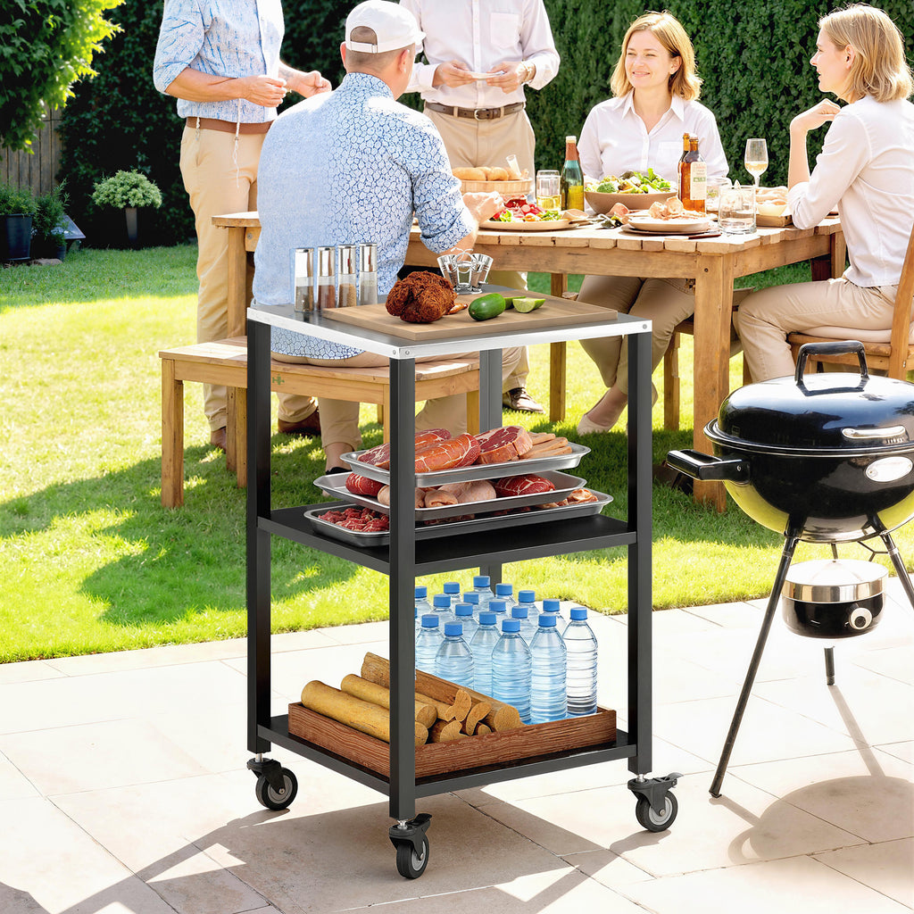 Grillwagen 3-Etagen Grilltisch mit Edelstahl Arbeitsfläche Rollen mobiler Servierwagen 50 x 50 x 90 cm Schwarz