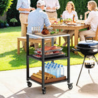 Grillwagen 3-Etagen Grilltisch mit Edelstahl Arbeitsfläche Rollen mobiler Servierwagen 50 x 50 x 90 cm Schwarz