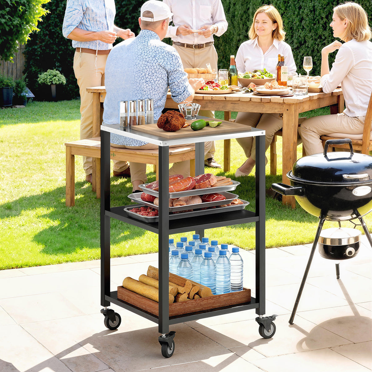 Grillwagen 3-Etagen Grilltisch mit Edelstahl Arbeitsfläche Rollen mobiler Servierwagen 50 x 50 x 90 cm Schwarz