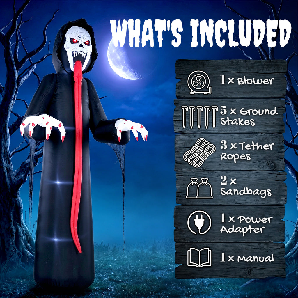 Aufblasbares Halloween-Skelett, 310 cm, mit integrierten LED-Lichtern, gruselige Deko für Innen- und Außenbereich