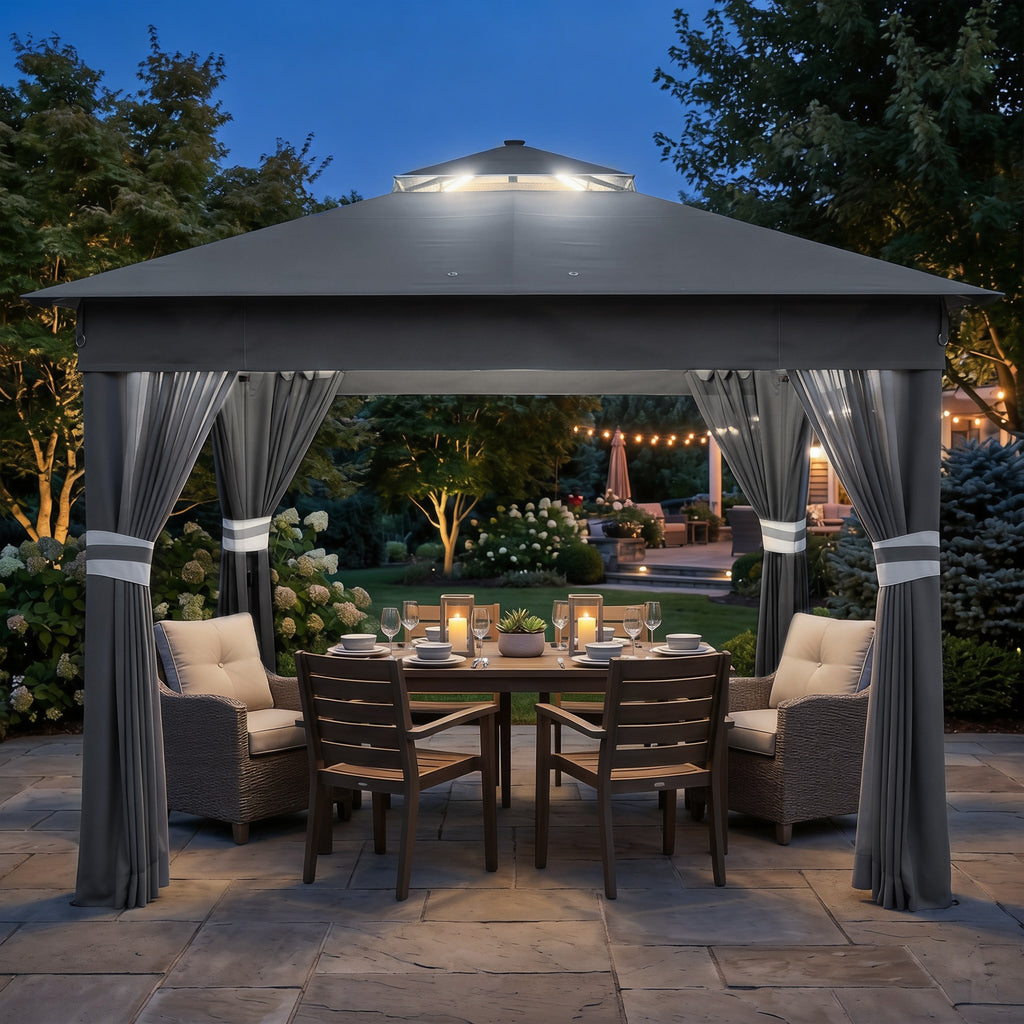 Gartenzelt mit solarbetriebenen LED´s Gartenzelt mit Beleuchtung, 336 cm x 336 cmx 270 cm, Grau