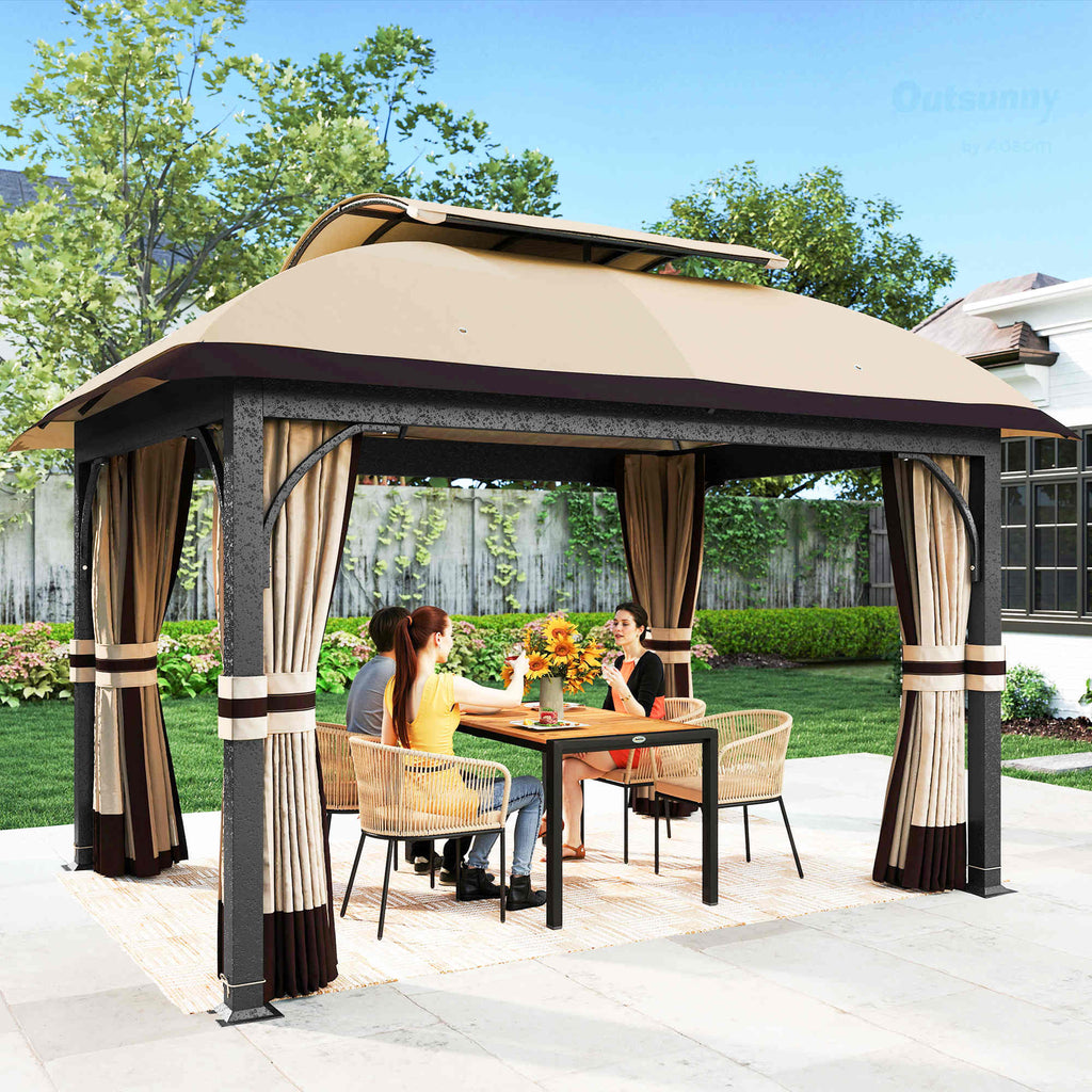 Gartenpavillon, 3,3 x 4 m Gartenzelt mit Netz-Vorhängen, zweistufiges Dach, Kunstleder-Bezug, Metallrahmen, Khaki