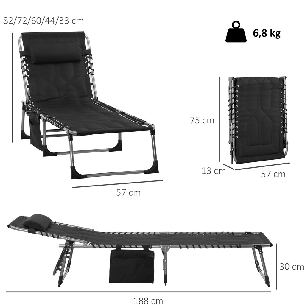 Sonnenliege, klappbar Gartenliege mit Kopfkissen, Seitentasche, Liegestuhl mit 5-Fach verstellbare Rückenlehne, wetterfeste Campingliege bis 130 kg belastbar, für Garten Strand Pool, Schwarz