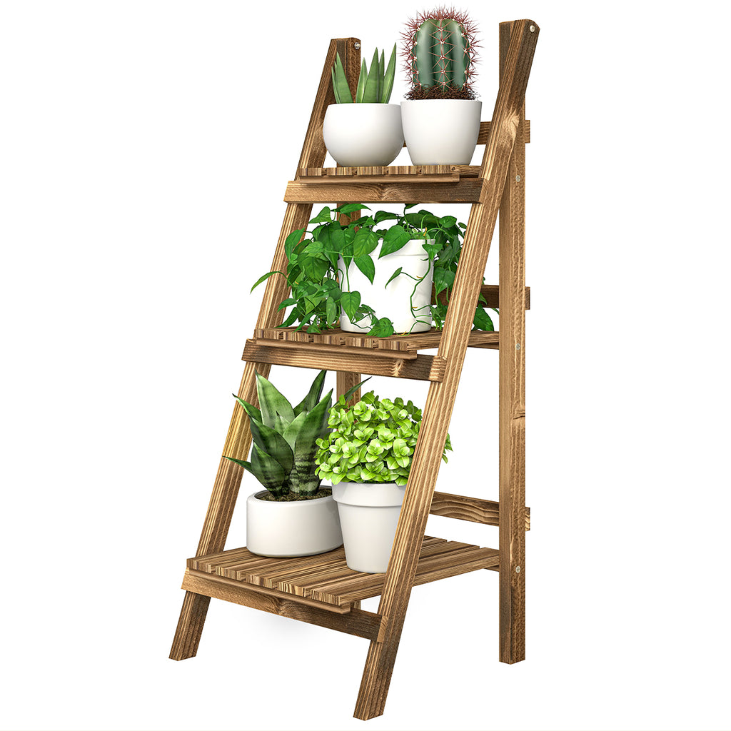 Wooden Folding Flower Pot Stand 3 Tier Garden Planter Display Ladder Gardener Storage Shelves Rack Herb Holder (40L x 37W x 93H cm)