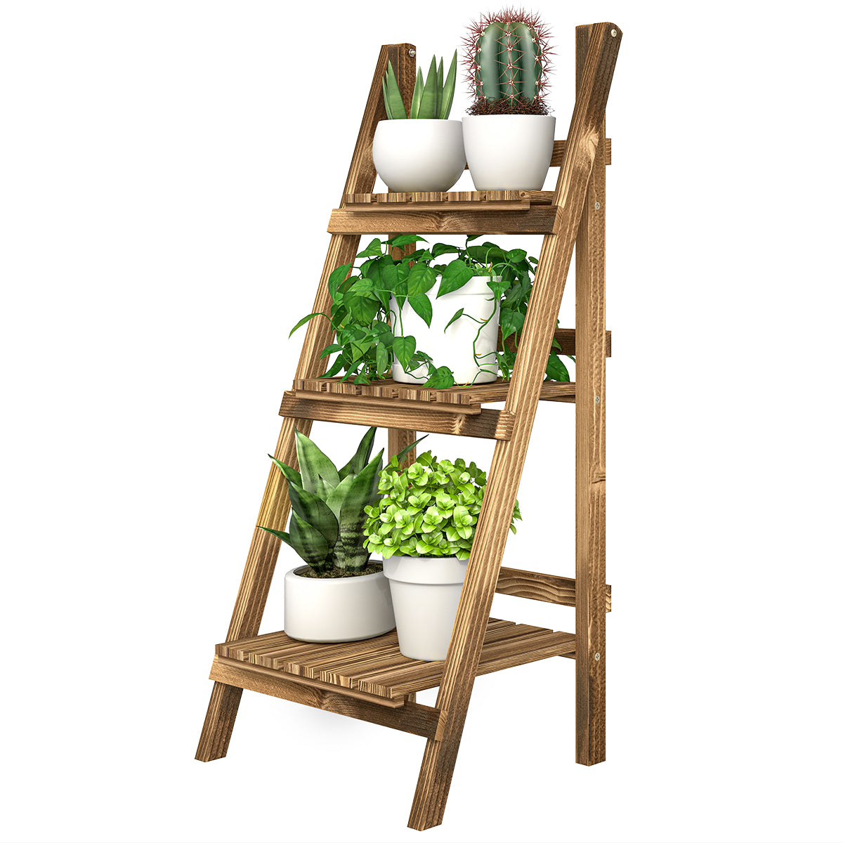 Wooden Folding Flower Pot Stand 3 Tier Garden Planter Display Ladder Gardener Storage Shelves Rack Herb Holder (40L x 37W x 93H cm)