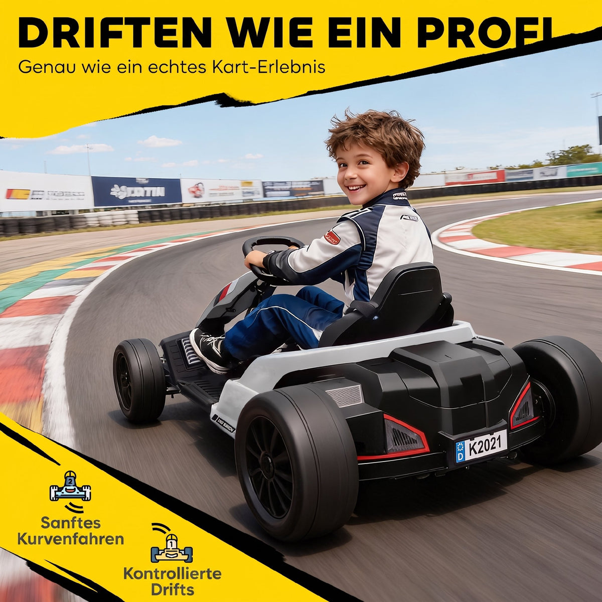 24 V Elektro Go-Kart für Kinder Bis 18 Km/h Gokart mit Drift-Funktion, Drift-Kart mit 2 Motoren verstellbar Sitz Weiß