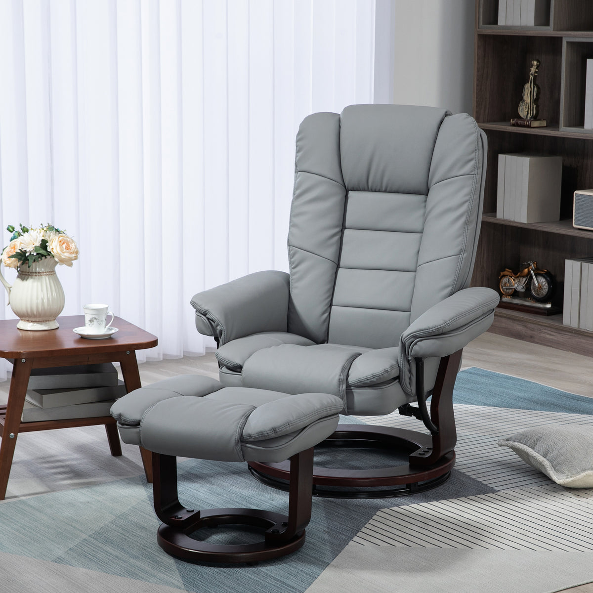Relaxsessel mit Hocker, Liegesessel, drehbar, neigbare Lehne, Lederoptik, bis 130 kg, Grau