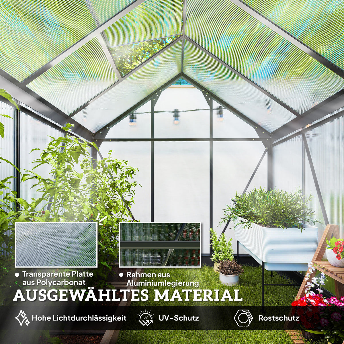 Gewächshaus Aluminium 3,65m² 190x192x201cm mit Fundament Dachfenster Schiebetür 4 mm Platten, UV-beständig Treibhaus Aufzucht Tomatenhaus Pflanzenhaus Frühbeet für Garten Outdoor